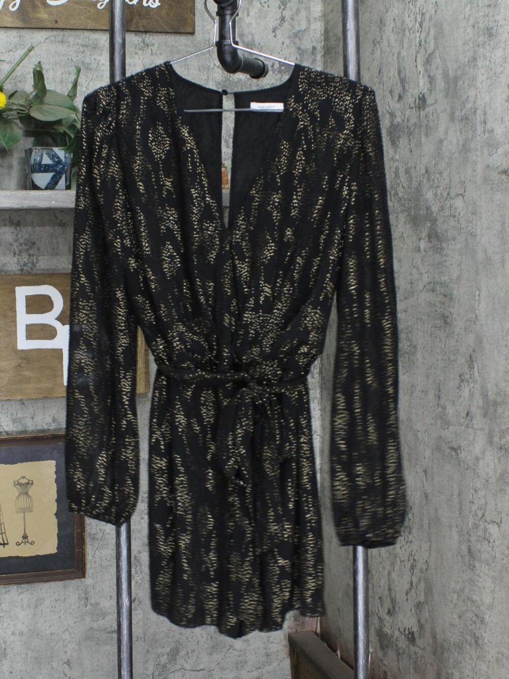 Nine West Black Nine West Long Sleeve V Neck Wrap Romper Gold See